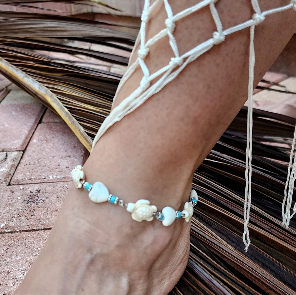 TURTLE Blue Hawolite StonesTropical Island Anklet Foot Bracelet